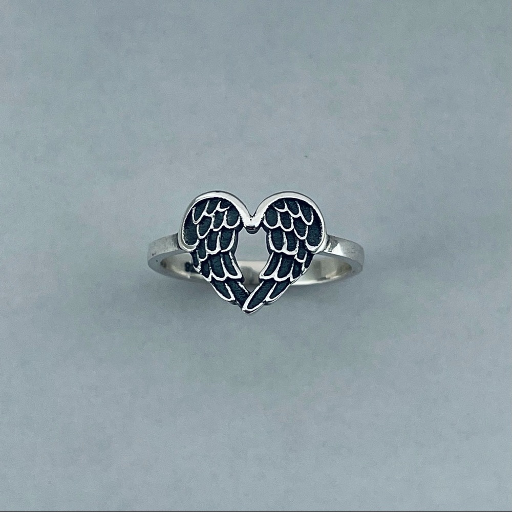 Sterling silver heart angel wings ring, angel wings ring, heart ring, wings